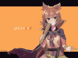 Rule 34 | 1girl, black background, bracelet, brown eyes, cape, closed mouth, commentary, dated, earmuffs, highres, holding, jewelry, kalmeyaki, looking at viewer, orange background, purple cape, ritual baton, smile, solo, touhou, toyosatomimi no miko, two-tone background