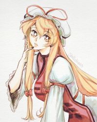 Rule 34 | 1girl, alternate color, alternate eye color, blonde hair, bow, breasts, bright pupils, dress, eyelashes, eyes visible through hair, hair bow, hair ribbon, hand in own hair, hand up, hat, hat ribbon, highres, large breasts, leaning forward, lips, long dress, long hair, long sleeves, looking to the side, mob cap, multi-tied hair, parted lips, puffy long sleeves, puffy sleeves, red bow, retro artstyle, ribbon, simple background, skullchimes, sleeve ribbon, solo, tabard, touhou, trigram, twitter username, white background, white dress, white hat, white pupils, wide sleeves, yakumo yukari, yellow eyes