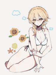 Rule 34 | 1girl, bare arms, bare legs, bikini, blonde hair, blush, breasts, closed mouth, commentary request, earrings, flower, full body, genshin impact, grey background, hand on own arm, highres, jako gnsn, jewelry, lumine (genshin impact), medium breasts, seashell, shell, short hair with long locks, simple background, solo, starfish, sunflower, swimsuit, white bikini, yellow eyes