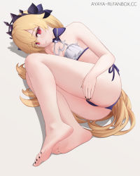 Rule 34 | 1girl, ayaya (ayaya ri), barefoot, bikini, blonde hair, crown, feet, fischl (ein immernachtstraum) (genshin impact), fischl (genshin impact), genshin impact, hand on thigh, highres, legs, long hair, looking at viewer, lying, nail polish, on side, parted lips, red eyes, simple background, soles, swimsuit, thighs, tiara, toes, very long hair