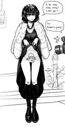 Rule 34 | 1girl, 333minutes, black dress, boots, camera, camera flash, censored, clothes lift, dress, dress lift, eyeliner, female focus, fubuki (one-punch man), full body, fur trim, highres, knee boots, lifted by self, makeup, monochrome, navel, novelty censor, one-punch man, parted lips, pointing, solo, speech bubble, taking picture, thighs