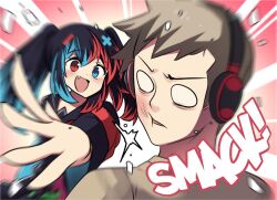 Rule 34 | 1boy, 1girl, :d, black hair, blank eyes, blue eyes, blue hair, comic, english text, fang, hair ornament, headphones, heterochromia, highres, hinghoi, jacket, merryweather, multicolored hair, nintendo switch (personification), open mouth, original, personification, product girl, red eyes, red hair, sailor collar, slap mark, slap mark on face, slapping, smile, sound effects, twintails, upper body