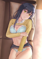Rule 34 | 1girl, black hair, blue skirt, bra, breasts, cardigan, cleavage, closed mouth, clothes lift, collared shirt, couch, cushion, frown, hair between eyes, hand on own crotch, head tilt, highres, jim (mzkp3433), lifted by self, long hair, lying, medium breasts, mieruko-chan, on back, panties, school uniform, shirt, shirt lift, skirt, skirt lift, solo, underwear, white bra, white panties, white shirt, yellow cardigan, yellow eyes, yotsuya miko