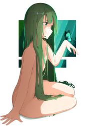 Rule 34 | 1other, arm up, bug, butterfly, enkidu (fate), fate/grand order, fate (series), flat chest, green eyes, green hair, hair over breasts, hair over crotch, highres, insect, long hair, nude, sitting, smile, solo, tsurara eeri, very long hair
