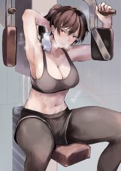 Rule 34 | 1girl, abs, absurdres, armpits, breasts, brown eyes, brown hair, cleavage, exercising, exercise machine, gym, gym uniform, highres, kyoyakyo, large breasts, looking at viewer, midriff, original, ponytail, short ponytail, shorts, sitting, solo, sports bra, steam, sweat, sweatdrop, toned, towel, tsurime