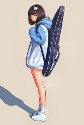 Rule 34 | 1girl, black hair, blue jacket, blunt bangs, bob cut, from side, full body, guitar case, highres, hood, hooded jacket, instrument case, jacket, jungon kim, legs together, long sleeves, looking at viewer, monkey hair ornament, original, red eyes, shadow, shoes, shorts, simple background, sneakers, socks, solo, standing, tan background, white footwear, white shorts, white socks