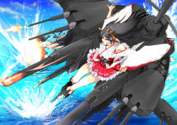 Rule 34 | 10s, 2girls, aircraft, airplane, armpits, big.g, black hair, boots, cloud, detached sleeves, explosion, hair ornament, hairband, haruna (kancolle), japanese clothes, kantai collection, knee boots, long hair, long sleeves, machinery, multiple girls, nontraditional miko, ocean, personification, pleated skirt, red eyes, ribbon, ribbon-trimmed sleeves, ribbon trim, skirt, sky, solo focus, thigh boots, thighhighs, turret, water, wide sleeves