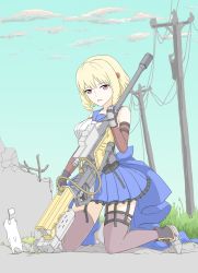 Rule 34 | 1girl, absurdres, animal, ankle boots, aqua sky, arm strap, armored boots, assault lily, bare shoulders, black shirt, blonde hair, blue sailor collar, blue skirt, boots, breasts, brown thighhighs, cat, cloud, commentary, day, detached sleeves, drill hair, flag, frilled skirt, frills, full body, garter straps, gauntlets, gem, grass, grey footwear, gun, hair ornament, hand up, highres, holding, holding gun, holding weapon, imamura yukari (assault lily), kneeling, looking at viewer, medium breasts, miniskirt, neckerchief, odaiba girls high school uniform, on ground, outdoors, parted lips, pleated skirt, power lines, purple eyes, purple neckerchief, red gemstone, rifle, rubble, sailor collar, school uniform, serafuku, shirt, short hair, skirt, sky, sleeveless, sleeveless shirt, smile, sniper rifle, solo, thigh strap, thighhighs, tsukimizake, two-tone shirt, utility pole, waist cape, weapon, white flag, white shirt, zettai ryouiki