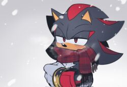 Rule 34 | 1boy, anhminh vo, animal ears, animal nose, artist name, black fur, blush, body fur, bracelet, commentary, covered mouth, english commentary, furry, furry male, gloves, gold bracelet, grey background, half-closed eyes, hedgehog, hedgehog ears, highres, jewelry, looking at viewer, male focus, plaid, plaid scarf, red eyes, red fur, red scarf, scarf, shadow the hedgehog, simple background, snowing, solo, sonic (series), standing, two-tone fur, white gloves
