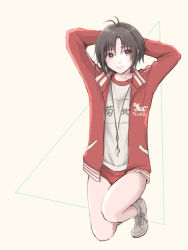 Rule 34 | 1girl, abstract background, antenna hair, arms behind head, black hair, gym uniform, idolmaster, idolmaster (classic), iso (nh15mint), jacket, kikuchi makoto, open clothes, open jacket, purple eyes, shoes, short hair, shorts, sneakers, solo, track jacket, whistle, whistle around neck