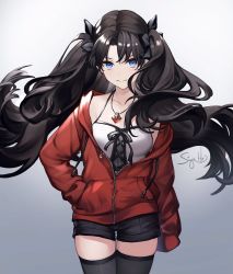 Rule 34 | 1girl, black hair, black thighhighs, blue eyes, breasts, closed mouth, fate/stay night, fate (series), gradient background, highres, hood, hoodie, jewelry, long hair, long sleeves, looking at viewer, necklace, open clothes, open hoodie, short shorts, shorts, signature, simple background, siya ho, small breasts, smile, solo, standing, thighhighs, tohsaka rin, twintails, unzipped, very long hair, zettai ryouiki