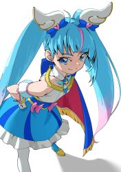 Rule 34 | 1girl, absurdres, antenna hair, bare shoulders, blue cape, blue dress, blue eyes, blue hair, bow, cape, cure sky, detached sleeves, dress, earrings, gloves, hair ornament, hands on own hips, highres, hirogaru sky! precure, jewelry, leaning forward, long hair, looking at viewer, magical girl, multicolored hair, pink bow, pink hair, precure, puffy detached sleeves, puffy sleeves, red cape, simple background, single earring, sleeveless, solo, sora harewataru, stud earrings, tanabe (fueisei), thighhighs, twintails, two-sided cape, two-sided fabric, very long hair, white background, white gloves, white thighhighs, wing hair ornament
