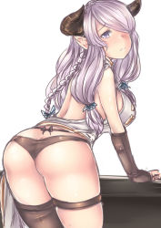 Rule 34 | 10s, 1girl, ass, backless outfit, bare shoulders, bent over, black gloves, black panties, black thighhighs, blush, braid, breasts, butt crack, cowboy shot, draph, elbow gloves, from behind, gloves, granblue fantasy, greenopi, hair ornament, hair over one eye, highres, horns, large breasts, light purple hair, long hair, looking back, low-tied long hair, narmaya (granblue fantasy), panties, parted lips, pointy ears, purple eyes, side braid, single braid, single thighhigh, skindentation, solo, thigh strap, thighhighs, underwear