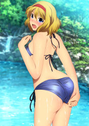 Rule 34 | 1girl, adjusting clothes, adjusting swimsuit, alice margatroid, ass, back, bare arms, bare legs, bare shoulders, bikini, blonde hair, blue bikini, blue eyes, blush, breasts, cowboy shot, embarrassed, from behind, hairband, highres, legs, looking back, open mouth, outdoors, river, short hair, solo, standing, swimsuit, thighs, touhou, tree, water, wet, yadokari genpachirou