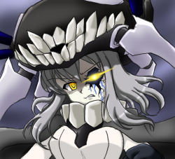 Rule 34 | 10s, 1girl, abyssal ship, angry, blood, blood on face, cracked skin, glowing, glowing eye, grey hair, headgear, injury, kantai collection, milen anessar, pale skin, solo, spoilers, wo-class aircraft carrier, yellow eyes