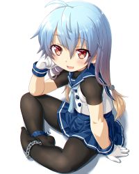 Rule 34 | 1girl, ahoge, black pantyhose, blonde hair, blue hair, blue neckerchief, blue ribbon, blue sailor collar, blue skirt, blush, buttons, chain, commentary request, dd (ijigendd), fang, gloves, gradient hair, hand on own cheek, hand on own face, highres, kantai collection, long hair, looking at viewer, multicolored hair, neckerchief, pantyhose, pleated skirt, red eyes, ribbon, sado (kancolle), sailor collar, shirt, simple background, sitting, skirt, sleeveless, sleeveless shirt, smile, solo, white background, white gloves