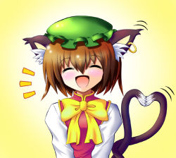Rule 34 | 1girl, animal ears, brown hair, cat ears, cat girl, cat tail, cheek-to-cheek, chen, female focus, gradient background, hat, heads together, heart, heart tail, osashin (osada), smile, solo, tail, touhou, white background