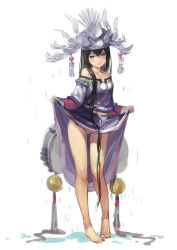Rule 34 | 1girl, bad id, bad pixiv id, bare legs, bare shoulders, barefoot, black eyes, black hair, blush, cleft of venus, clothes lift, collarbone, crown, dress, dress lift, feet, female focus, full body, hair between eyes, head tilt, headdress, hip focus, hjl, legs, lips, long hair, long image, long sleeves, looking at viewer, no panties, original, pussy, rain, shy, simple background, solo, standing, strapless, strapless dress, tall image, uncensored, very long hair, wet, white background