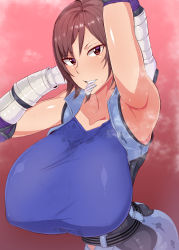 Rule 34 | 1girl, absurdres, armpits, arms up, ass, blue shirt, blush, breasts, brown hair, clenched teeth, condom, condom wrapper, female focus, gradient background, highres, huge breasts, jacket, kazama asuka, light blush, looking at viewer, mouth hold, mucc (ren0522), red background, red eyes, shiny clothes, shirt, short hair, simple background, sleeveless, smile, solo, standing, steaming body, sweat, teeth, tekken, tekken 7, twisted torso, upper body