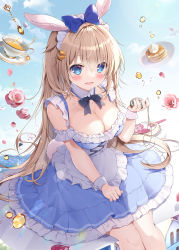 Rule 34 | 1girl, alice (alice in wonderland), alice in wonderland, animal ears, blonde hair, blue dress, blue eyes, blue sky, blush, bow, breasts, carrot hair ornament, cleavage, commentary, cup, detached collar, dress, english commentary, flower, food-themed hair ornament, frilled dress, frills, hair bow, hair ornament, highres, holding, holding pocket watch, long hair, looking at viewer, medium breasts, mikeou, open mouth, outdoors, pocket watch, rabbit ears, rose, sitting, sky, smile, solo, teacup, very long hair, watch