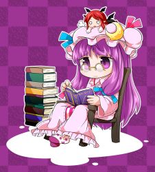 Rule 34 | 2girls, :o, :|, bat wings, bespectacled, book, book stack, byourou, chair, checkered background, chibi, chibi on head, closed mouth, coat, crescent, dress, glasses, hat, head wings, koakuma, long hair, long sleeves, mini person, minigirl, multiple girls, o o, on head, open book, open clothes, open coat, over-rim eyewear, patchouli knowledge, pointy ears, purple background, purple dress, purple eyes, purple hair, reading, red hair, semi-rimless eyewear, sitting, striped clothes, striped dress, touhou, very long hair, wide sleeves, wings