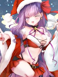 Rule 34 | 1girl, absurdres, bare shoulders, bb (fate), bb (fate) (all), bb (swimsuit mooncancer) (fate), bb (swimsuit mooncancer) (second ascension) (fate), bell, blonde hair, blush, breasts, choker, cleavage, collarbone, cosplay, detached sleeves, earrings, energy wings, fate/grand order, fate/grand order arcade, fate (series), fur trim, hair ribbon, hat, highres, jewelry, large breasts, long hair, looking at viewer, nail polish, neck bell, neck ribbon, one eye closed, open mouth, purple eyes, purple hair, purple ribbon, ribbon, sack, santa costume, santa hat, smile, solo, star (symbol), star earrings, suzuka gozen (fate), suzuka gozen (santa) (fate), suzuka gozen (santa) (fate) (cosplay), touko 56, very long hair, wide sleeves, wings