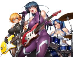 Rule 34 | 00s, 3girls, album cover, aqua eyes, band, bare shoulders, bass guitar, black hair, blonde hair, blue eyes, blue hair, blush, bodysuit, breasts, cleavage, cleavage cutout, clenched teeth, clothing cutout, cover, drum, drum set, drumsticks, electric guitar, female focus, fishnets, grin, guitar, highres, igawa asagi, igawa sakura, instrument, kagami hirotaka, large breasts, leotard, long hair, looking at viewer, microphone, multiple girls, music, open mouth, plectrum, ponytail, red hair, round teeth, shiny skin, short hair, sidelocks, singing, sitting, skin tight, sleeveless, sleeveless bodysuit, sleeveless turtleneck, smile, stage, stage lights, standing, taimanin (series), taimanin asagi, team, teeth, turtleneck, yatsu murasaki