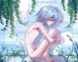 Rule 34 | 1girl, absurdres, androgynous, armpit hair, barefoot, black nails, blue hair, borrowed character, completely nude, female pubic hair, from side, gender request, grass, highres, leg hair, medium hair, nail polish, nude, open mouth, original, pointy nose, popopoka, pubic hair, skinny, solo, sweat, tearing up, toenail polish, toenails