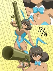 1girl breasts brown_eyes brown_hair dark-skinned_female dark_skin girls_und_panzer highres huge_breasts jisai_10 leotard long_hair m1_bazooka navel playboy_bunny rocket_launcher simple_background standing viridiana_(girls_und_panzer) weapon