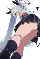 Rule 34 | 1girl, absurdres, armband, ass, black footwear, black panties, black skirt, blue archive, blush, commentary, dark-skinned female, dark skin, demon girl, demon tail, from below, grey hair, grey halo, hair over one eye, halo, highres, hiroikara (smhong04), iori (blue archive), kneepits, long hair, looking at viewer, open mouth, panties, pantyshot, pointy ears, red armband, red eyes, shirt, simple background, skirt, solo, symbol-only commentary, tail, twintails, underwear, very long hair, white background, white shirt