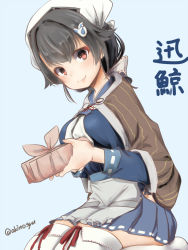 Rule 34 | 1girl, akino shuu, black hair, blue background, blue skirt, breasts, character name, closed eyes, hair between eyes, hair ornament, holding, jingei (kancolle), kantai collection, large breasts, long sleeves, neckerchief, pleated skirt, red eyes, seiza, short hair, simple background, sitting, skirt, smile, solo, thighhighs, twitter username, white neckerchief, white thighhighs