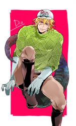Rule 34 | 1boy, argyle, argyle clothes, argyle sweater, bad id, bad pixiv id, belt, blonde hair, boots, diego brando, gloves, green shirt, hat, jojo no kimyou na bouken, male focus, oreha00701, scary monsters (stand), shirt, short hair, smile, solo, stand (jojo), steel ball run, sweater, tail, turtleneck, white hat