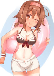 Rule 34 | 10s, 1girl, ;q, absurdres, ahoge, bad id, bad pixiv id, ball, bare shoulders, beachball, bikini, black bikini, breasts, brown eyes, cleavage, cowboy shot, hair flaps, hairband, highres, innertube, kantai collection, kapatarou, looking at viewer, md5 mismatch, navel, one eye closed, red hairband, shiratsuyu (kancolle), short hair, short twintails, shorts, simple background, solo, swim ring, swimsuit, tan, tanline, tongue, tongue out, twintails