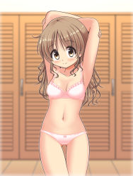 Rule 34 | 1girl, arm grab, armpits, arms behind head, blurry, blurry background, blush, bow, bow bra, bra, breasts, closed mouth, commentary request, cowboy shot, crotch seam, depth of field, gluteal fold, head tilt, highres, indoors, light blush, long hair, looking at viewer, medium breasts, navel, original, panties, pink bra, pink panties, smile, solo, standing, takoyaki shoujo, thigh gap, thighs, underwear, underwear only