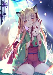 Rule 34 | 1girl, animal ear fluff, animal ears, blurry, blurry background, blush, brown hair, chita (ketchup), commentary request, depth of field, floral print, fox ears, fox girl, fox mask, green kimono, hair between eyes, hair ribbon, head tilt, highres, holding, holding mask, japanese clothes, kimono, long hair, long sleeves, looking at viewer, mask, unworn mask, original, parted lips, pleated skirt, print kimono, red eyes, red ribbon, red skirt, ribbon, seiza, short eyebrows, signature, sitting, skirt, solo, tail raised, thick eyebrows, very long hair, wide sleeves