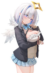 Rule 34 | 1girl, absurdres, alternate breast size, amane kanata, arm under breasts, black jacket, blazer, blue bow, blue bowtie, blue hair, blue skirt, blush, bow, bowtie, breast hold, breasts, cleavage, closed mouth, collar, cowboy shot, feathered wings, frills, grey hair, halo, heresy, highres, hololive, jacket, juu p, large breasts, long sleeves, looking at viewer, miniskirt, multicolored hair, open clothes, open jacket, pink hair, plaid, plaid bow, plaid bowtie, plaid skirt, pleated skirt, purple eyes, school uniform, shirt, short hair, skirt, smile, solo, streaked hair, unbuttoned, virtual youtuber, white shirt, white wings, wings