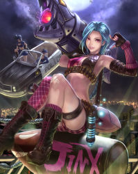 Rule 34 | 3girls, bad id, bad pixiv id, bandolier, black footwear, blue hair, boots, braid, breasts, caitlyn (league of legends), car, city, cleavage, cross-laced footwear, highres, jinx (league of legends), lace-up boots, league of legends, long hair, looking at viewer, midriff, moon, motor vehicle, multiple girls, parted lips, pink eyes, police, police uniform, shorts, single thighhigh, small breasts, smile, sunglasses, thighhighs, twin braids, uniform, vi (league of legends), yazuwo