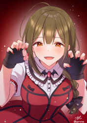 Rule 34 | 1girl, ahoge, black gloves, blush, bow, braid, braided ponytail, breasts, brown hair, collar, dress, fangs, fingerless gloves, fingernails, frilled collar, frills, gloves, hair bow, highres, idolmaster, idolmaster shiny colors, konase (non stop!), kuwayama chiyuki, looking at viewer, medium breasts, nail polish, paw pose, puffy short sleeves, puffy sleeves, red dress, short sleeves, side ponytail, signature, simple background, smile, solo, twintails, upper body