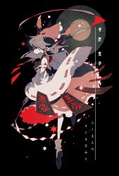 Rule 34 | 1girl, black background, bow, brown hair, character name, detached sleeves, domu (hamadura), expressionless, from side, full body, gohei, hair bow, hair tubes, hakurei reimu, holding, leg up, limited palette, long hair, looking at viewer, nontraditional miko, ofuda, profile, red bow, red eyes, red skirt, ribbon-trimmed skirt, ribbon-trimmed sleeves, ribbon trim, shoes, skirt, socks, solo, star (symbol), sun, sun symbol, text focus, touhou, translation request, wide sleeves