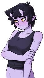 Rule 34 | 1girl, black hair, black tank top, blush, colored skin, commentary, english commentary, frown, groin, highres, horns, ittla, looking away, navel, oni horns, orange eyes, original, pointy ears, purple skin, short hair, slit pupils, solo, sweatdrop, tank top, thick eyebrows, transparent background, ume (ittla), upper body