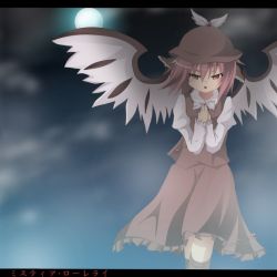 Rule 34 | 1girl, :o, anime coloring, bad id, do (4-rt), female focus, fog, hand on another&#039;s chest, hand over heart, hands on own chest, letterboxed, music, mystia lorelei, night, own hands together, singing, solo, touhou