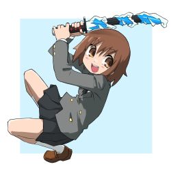 Rule 34 | 1girl, black necktie, black skirt, blush, brown eyes, brown hair, copyright request, full body, highres, holding, holding sword, holding weapon, kill me baby, loafers, long sleeves, looking at viewer, necktie, open mouth, oribe yasuna, pleated skirt, shoes, short hair, skirt, smile, socks, solo, sword, teeth, upper teeth only, water, weapon, white socks, yachima tana