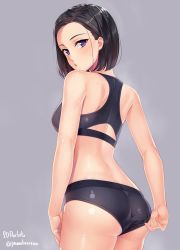 Rule 34 | 1girl, adjusting clothes, adjusting swimsuit, ass, back, bikini, black bikini, black hair, bob cut, butt crack, chestnut mouth, circle name, commentary request, cowboy shot, forehead, from behind, highres, looking back, original, purple eyes, short hair, signature, solo, sports bra, swimsuit, twitter username, wet, yamakaze ran