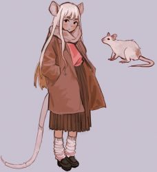 Rule 34 | 1girl, :&lt;, animal, animal ears, beige scarf, black eyes, black footwear, blunt bangs, blush, brown coat, brown skirt, closed mouth, coat, creature and personification, expressionless, feet together, film grain, full body, hands in pockets, high-waist skirt, highres, io (onisarashi), kneehighs, loafers, long hair, long skirt, long sleeves, looking at viewer, looking to the side, loose socks, mismatched eyebrows, mouse (animal), mouse ears, mouse girl, mouse tail, muted color, open clothes, open coat, original, personification, pleated skirt, purple background, scarf, shirt tucked in, shoes, short eyebrows, simple background, skirt, sock on tail, socks, solo, standing, straight hair, tail, thick eyebrows, white hair, white socks, winter clothes