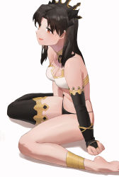 Rule 34 | 1girl, absurdres, anklet, armlet, bare shoulders, barefoot, bikini, black bikini, black gloves, black hair, black ribbon, black thighhighs, breasts, bridal gauntlets, cleavage, crown, earrings, fate/grand order, fate (series), from side, gloves, gold trim, hair ribbon, highres, hoop earrings, ishtar (fate), jewelry, long hair, medium breasts, navel, necklace, open mouth, parted bangs, red eyes, ribbon, ring, simple background, single thighhigh, sitting, smile, solo, strapless, strapless bikini, string bikini, sweatdrop, swimsuit, thighhighs, thighlet, two side up, wariza, white background, white bikini, wow+
