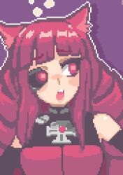 Rule 34 | 1girl, animal ears, artificial eye, bare shoulders, blunt bangs, drill hair, hcnone, open mouth, pixel art, purple background, quad drills, red eyes, red hair, sidelocks, solo, stella hoshii, surprised, teeth, upper body, upper teeth only, va-11 hall-a