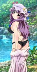 Rule 34 | 1girl, ass, bikini, blush, breasts, female focus, forest, hat, highres, long hair, nature, outdoors, patchouli knowledge, plant, purple eyes, purple hair, river, solo, swimsuit, touhou, tree, undressing, water, yadokari genpachirou