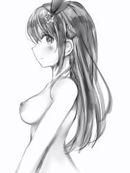 Rule 34 | 1girl, bad id, bad twitter id, blush, breasts, closed mouth, from side, greyscale, hair flaps, hair ornament, hairband, highres, hololive, large breasts, looking at viewer, looking to the side, monochrome, nanashi (nlo), nipples, nude, sideways glance, simple background, smile, solo, tokino sora, upper body, virtual youtuber, white background