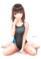 Rule 34 | 1girl, :o, artist name, barefoot, between legs, black one-piece swimsuit, brown eyes, brown hair, competition swimsuit, full body, hand between legs, hand up, highres, looking at viewer, one-piece swimsuit, original, school swimsuit, simple background, sitting, solo, swimsuit, wariza, wet, white background, yurubine