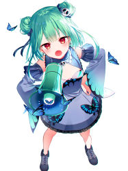 Rule 34 | 1girl, :o, bad id, bad twitter id, blue butterfly, blue dress, blue footwear, blue ribbon, blush, breasts, bug, butterfly, commentary request, detached sleeves, double bun, dress, earrings, fang, full body, green hair, hair bun, hair ornament, hair ribbon, hand on own hip, holding, holding megaphone, hololive, insect, jewelry, kh (kh 1128), long sleeves, medium hair, megaphone, red eyes, ribbon, shoes, skull earrings, skull hair ornament, solo, standing, uruha rushia, uruha rushia (1st costume), virtual youtuber, white background, wide sleeves